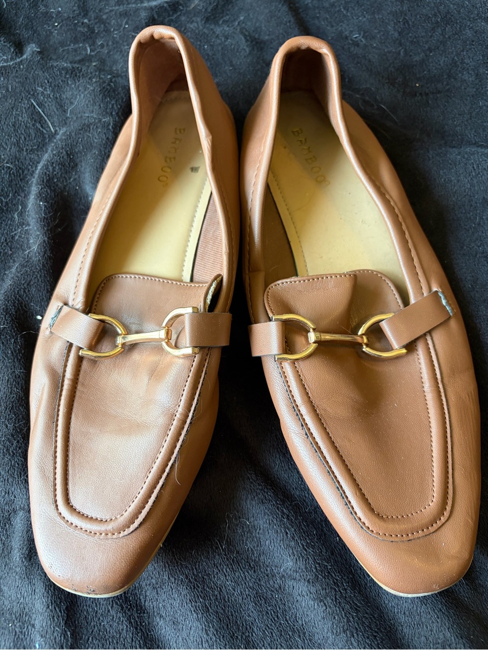 BAMBOO Tan Leather Loafers with Gold Bit Accent
